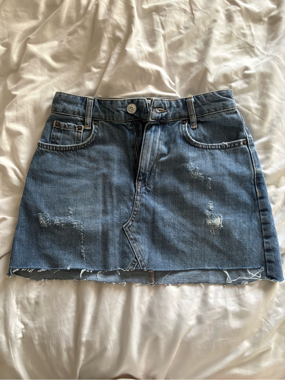 BDG Classic Distressed Blue Denim Mini Skirt